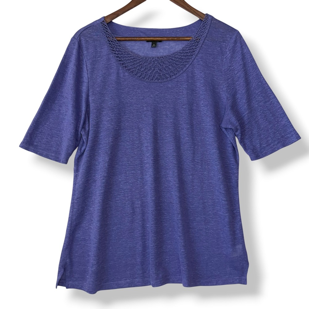 Talbots 100% Linen Tee M Purple Crochet Neck Short Sleeve Boho Lagenlook Capsule